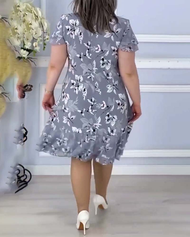 Leaf print short sleeve casual midi dress