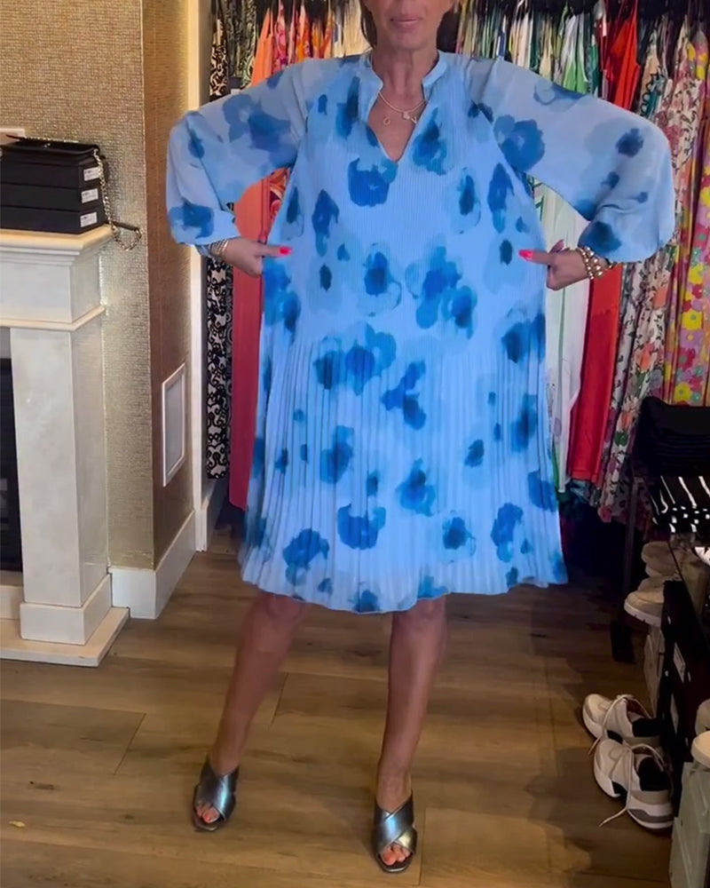 Floral print pleated long-sleeved dress