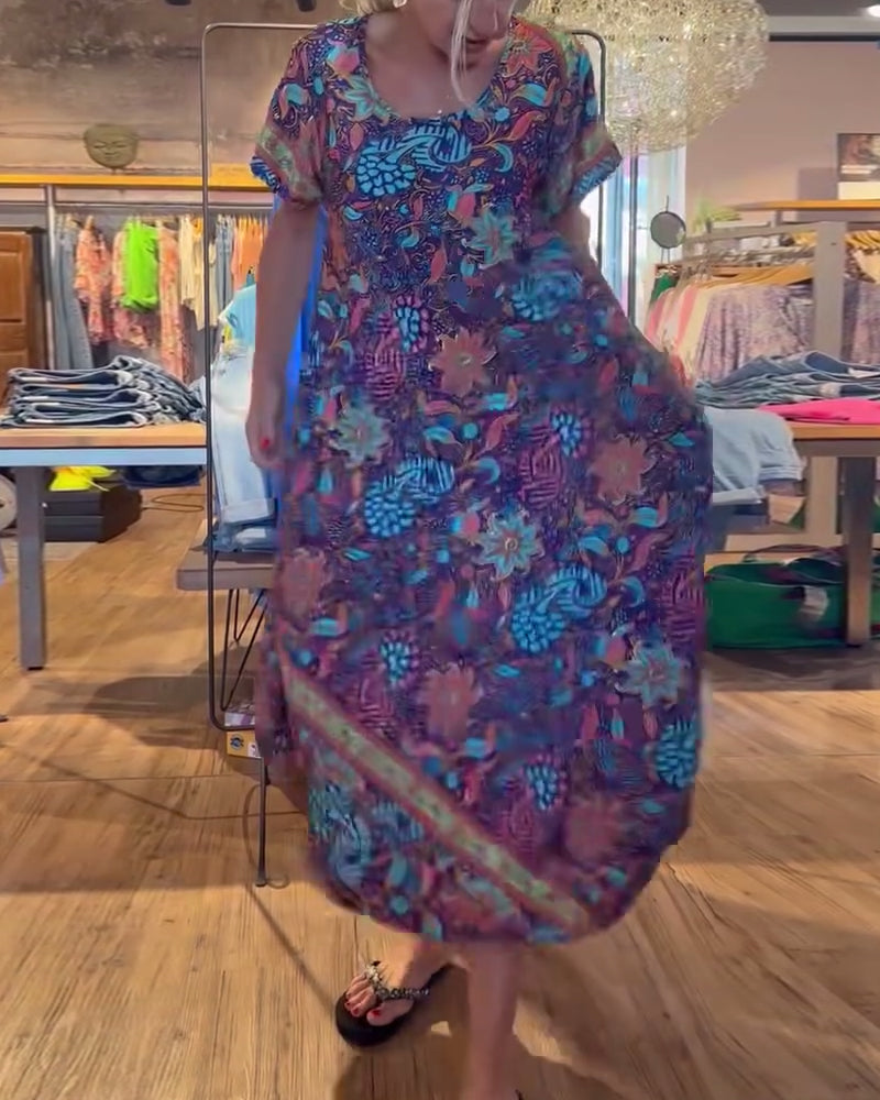 Printed short sleeve round neck long dress