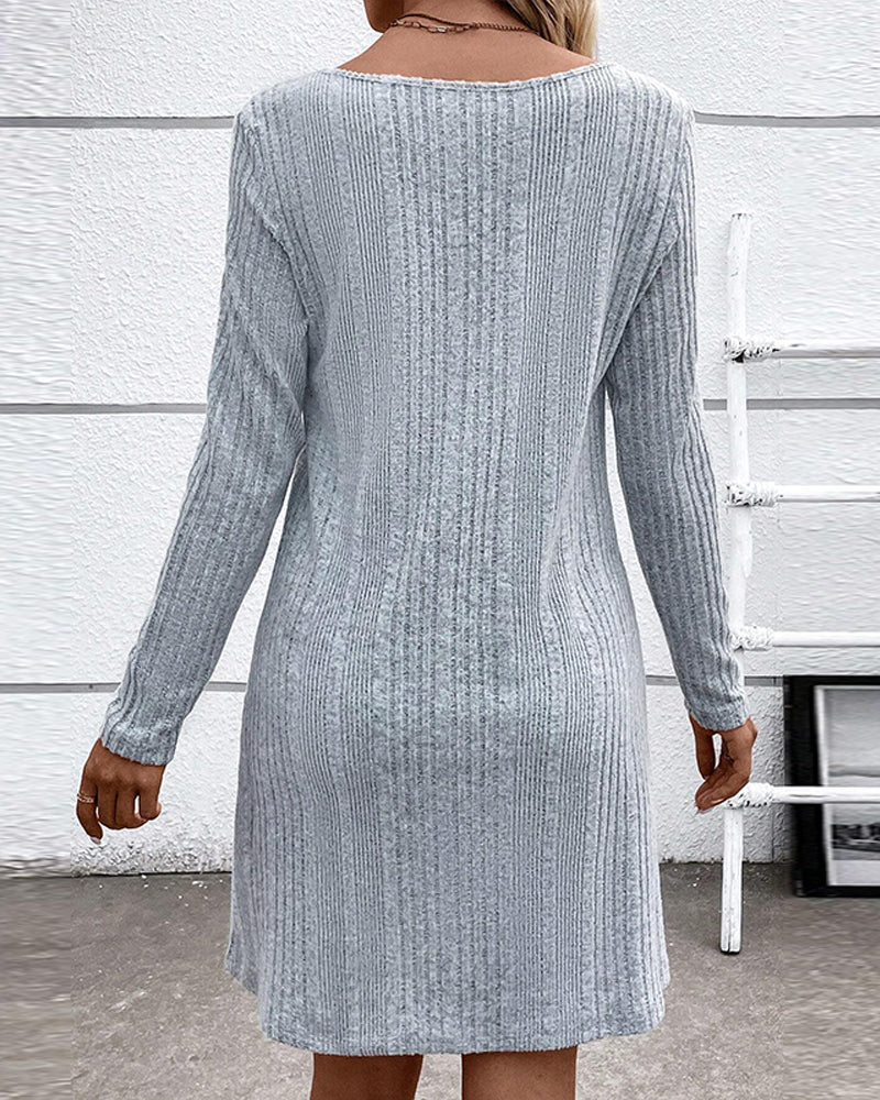 Round Neck Casual Dress with Buttons