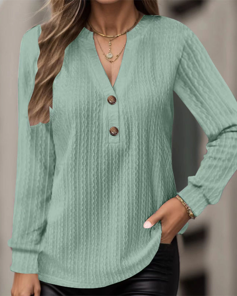 Solid color v neck button long sleeve top