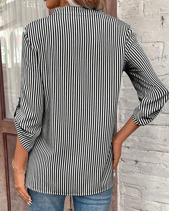 V-neck striped print casual blouse