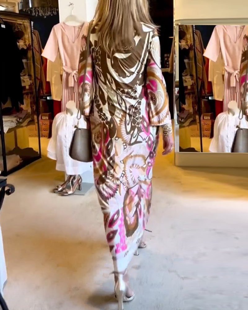 V-neck casual printed long dress