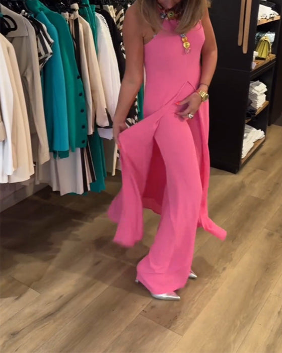 Halter neck slit solid color two piece set