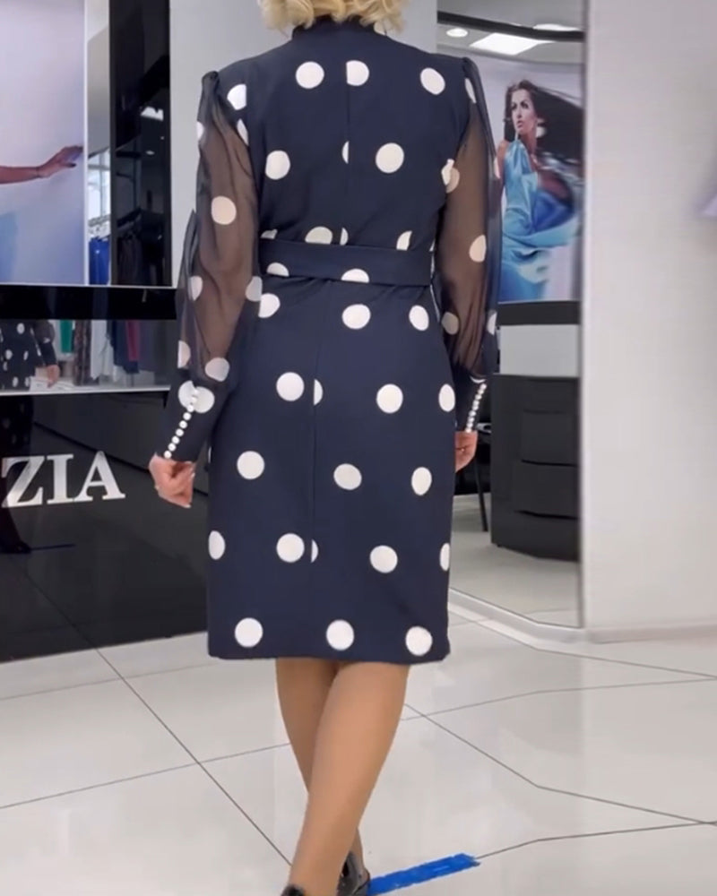 Polka dot print see-through long-sleeve dress