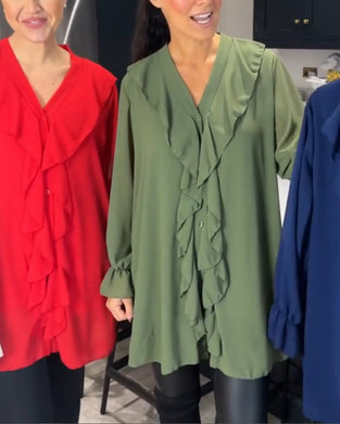 Lotus leaf v-neck solid color blouse