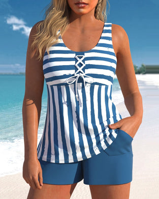 Striped conservative tankini swimsuit
