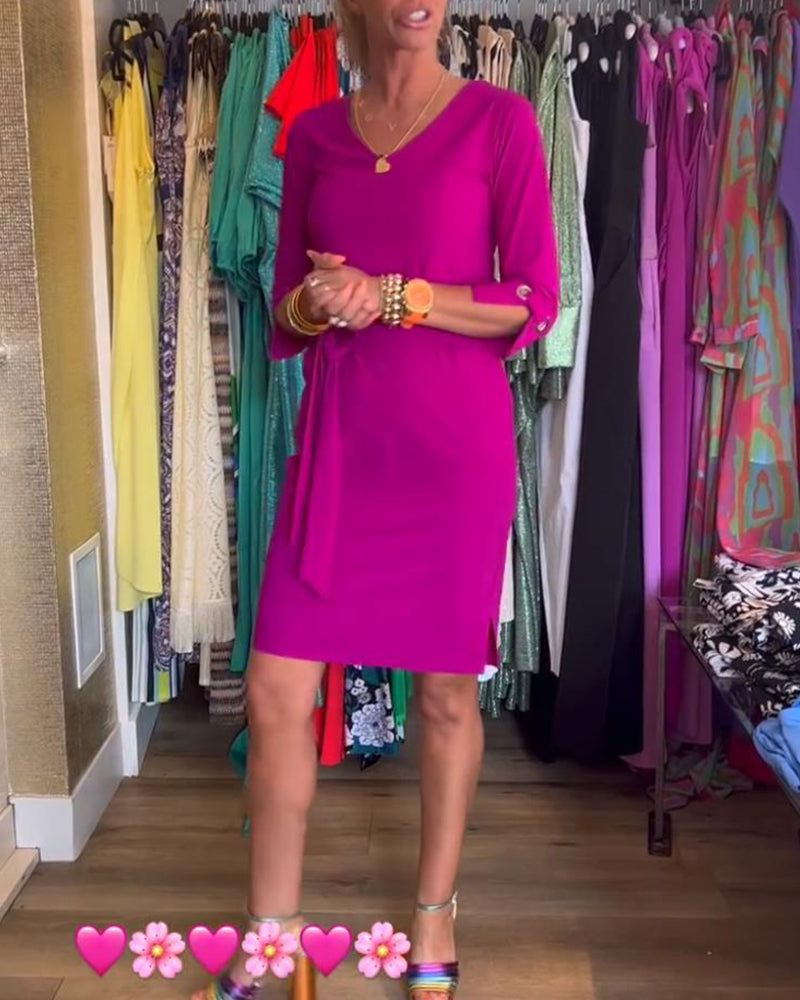 V-neck slim solid color dress