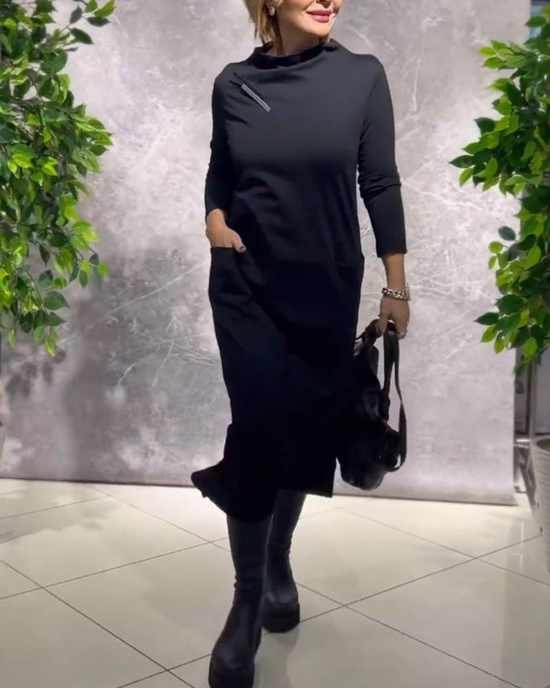 Solid Color Crew Neck Dress with Pocket