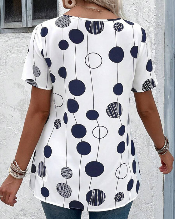 Round Neck Short Sleeve Printed Blouse