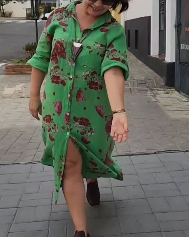 Button printed lapel dress