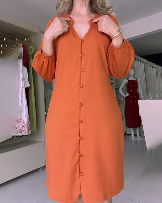 Casual solid color V-neck buttoned lantern sleeve dress