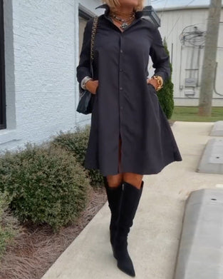 Solid color button casual shirt dress