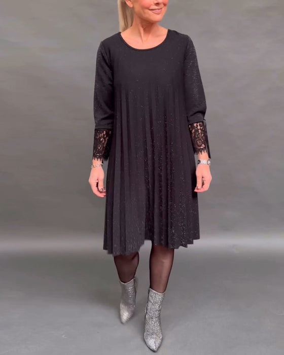 Patchwork lace pleated solid color dress