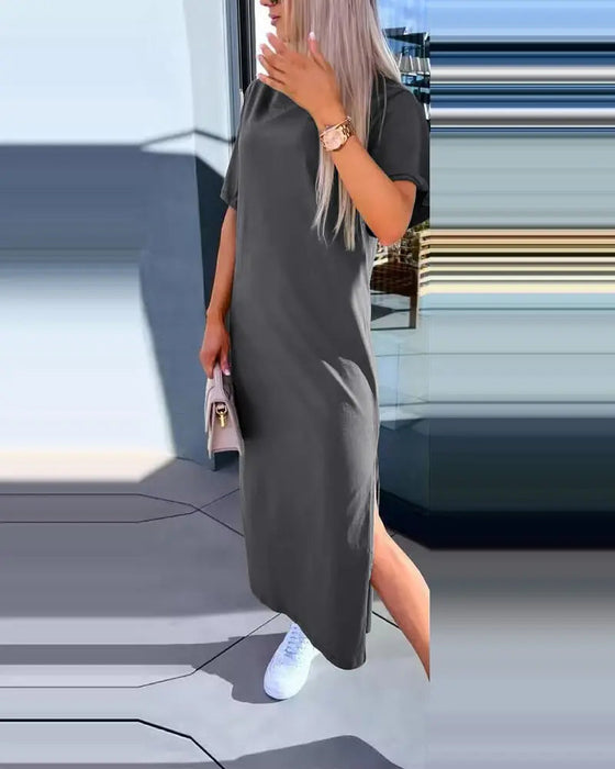 Slit solid color comfortable dress