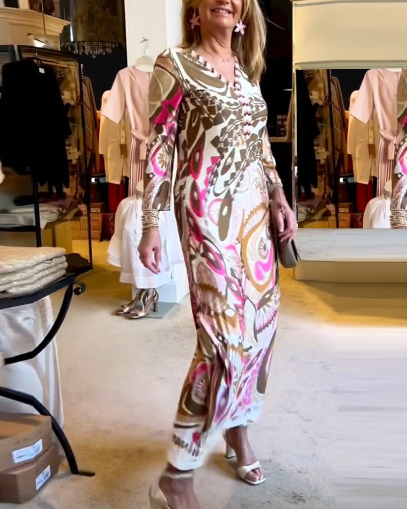 V-neck casual printed long dress