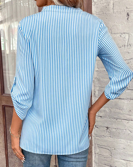 V-neck striped print casual blouse