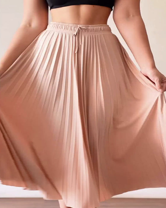 Elegant solid color drawstring pleated skirt