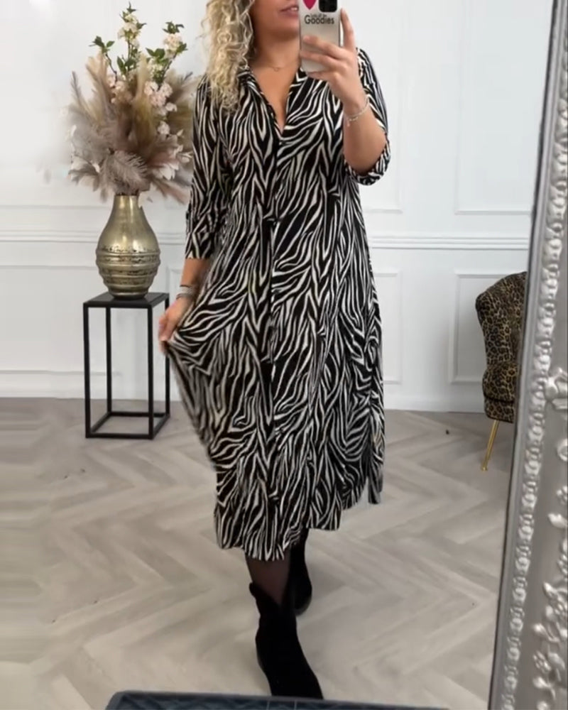 Zebra print lapel casual dress