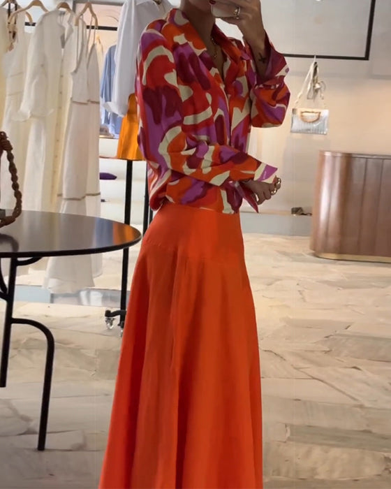 Lapel Colorful Printed Blouse with Buttons