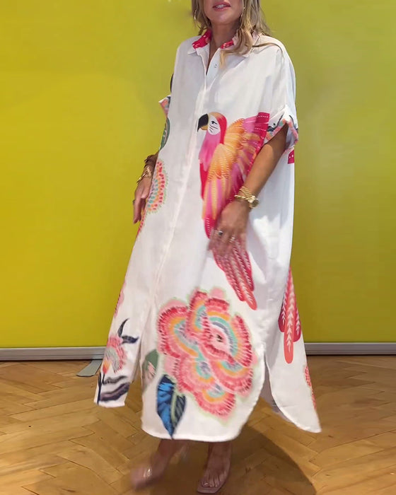 Women's lapel long printed dress