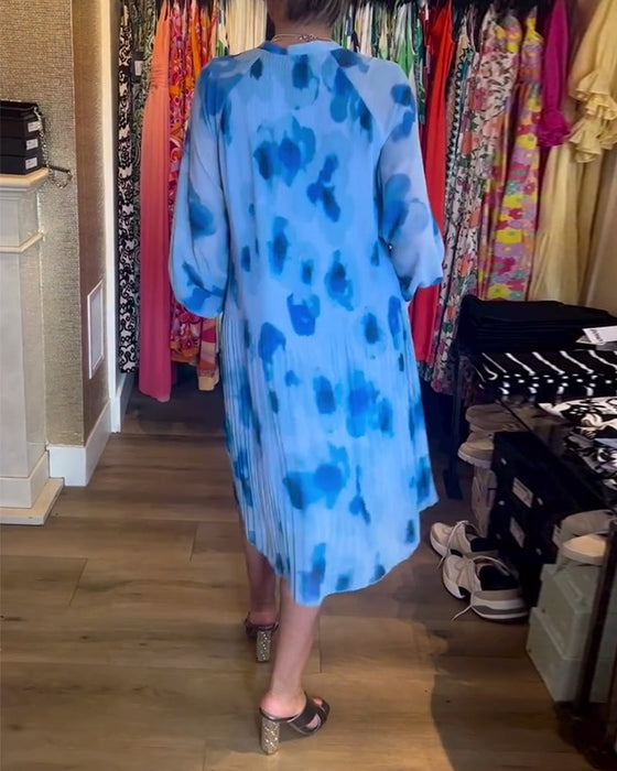 Floral print pleated long-sleeved dress