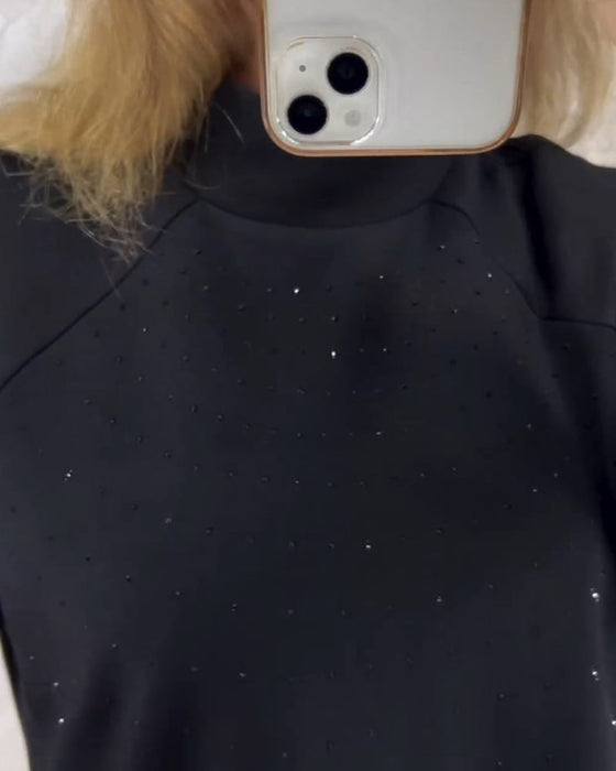 High collar pleated solid color dress