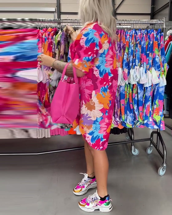 Colorful floral print lapel midi dress