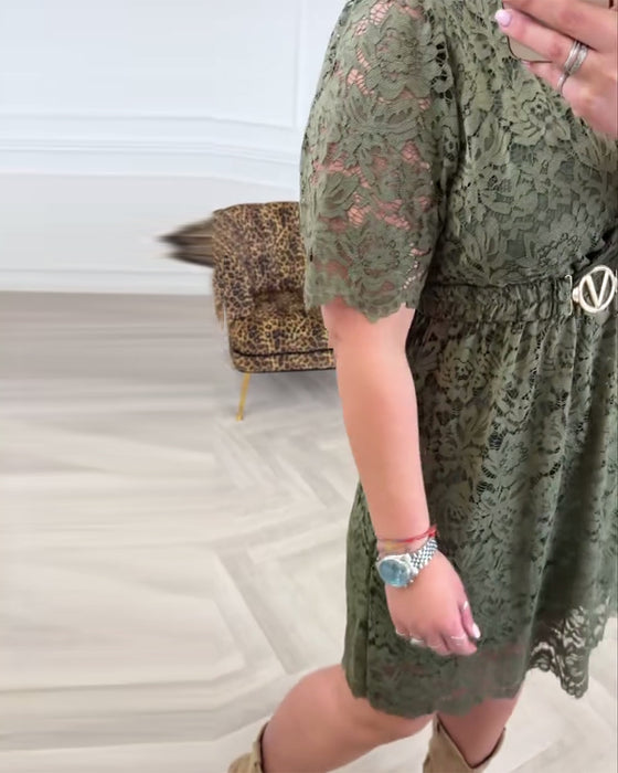 V-Neck Lace Short-Sleeved Dress
