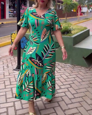 Leaf print V-neck patchwork long dress