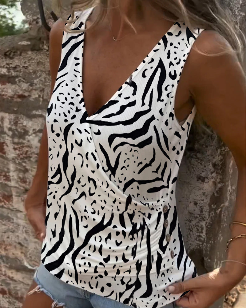 Casual V-neck Cross Button Printed Vest