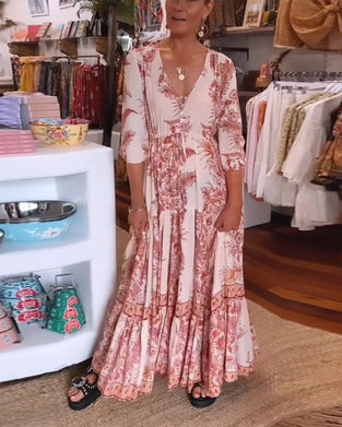 3/4 sleeves deep V-neck printed dress