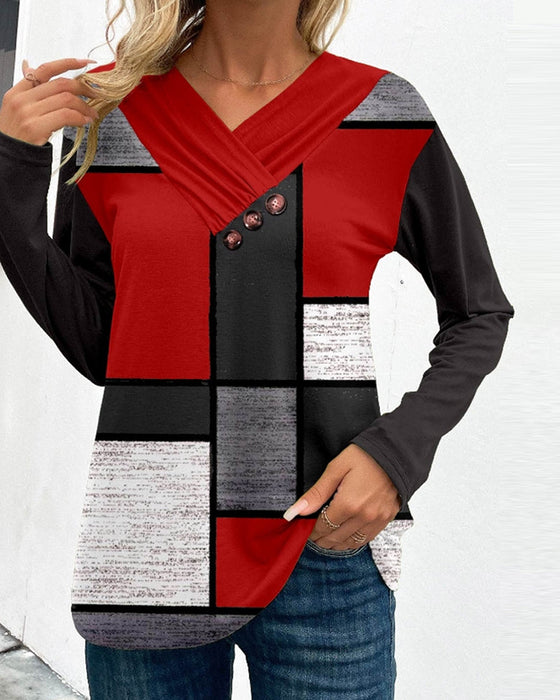 Plaid print v-neck casual top