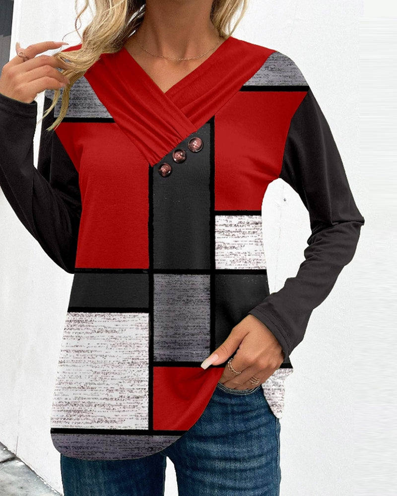 Plaid print v-neck casual top