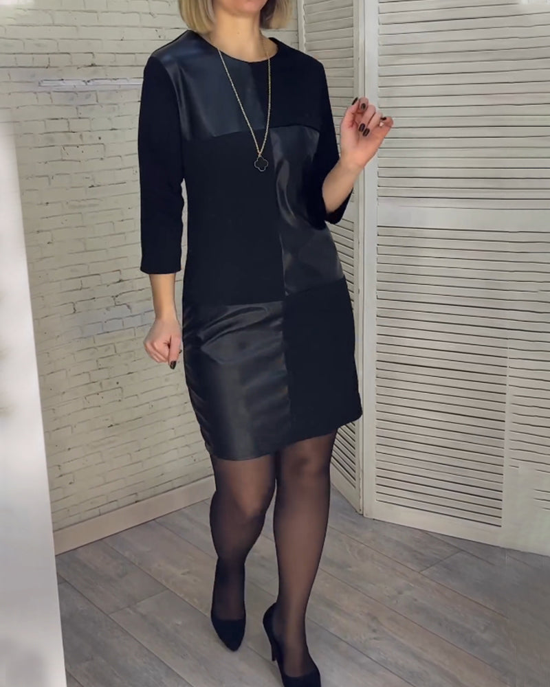 PU leather patchwork round neck dress