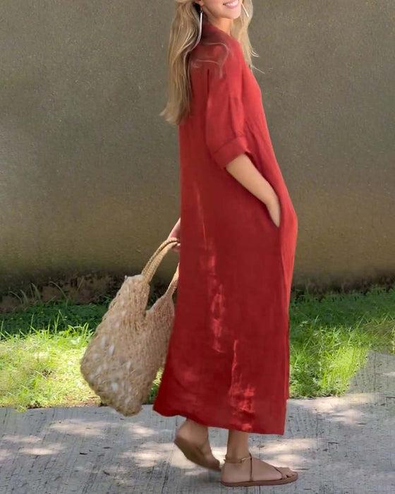 V-neck solid color pocket comfort dress