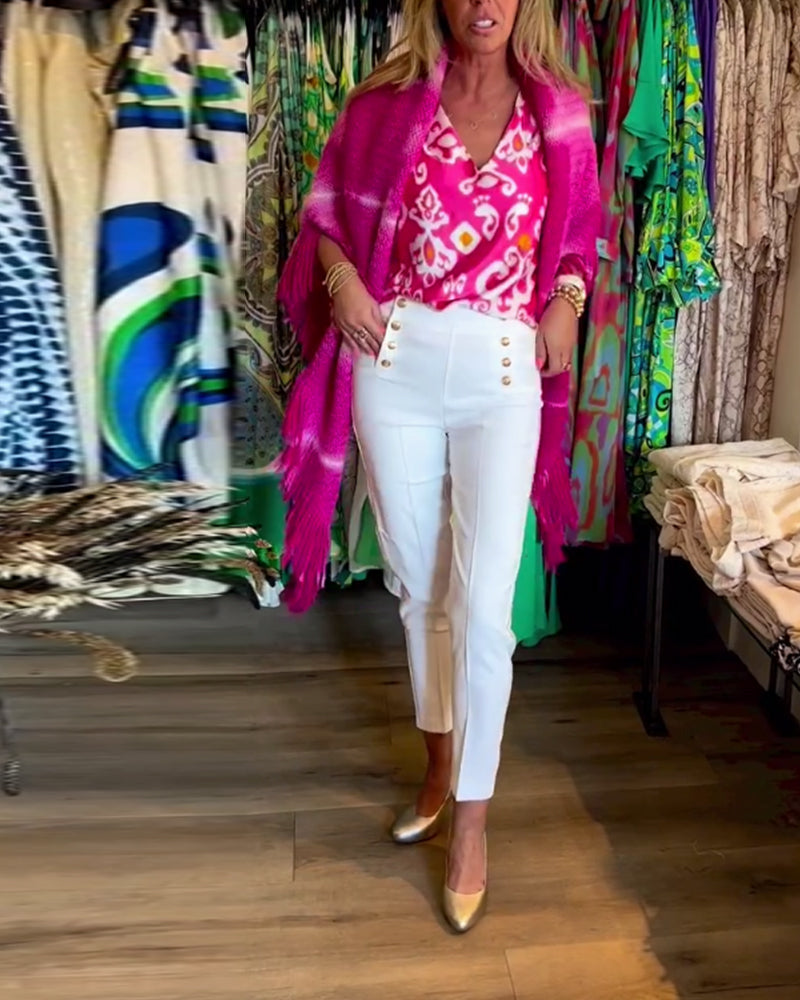 Printed V-neck short-sleeved top