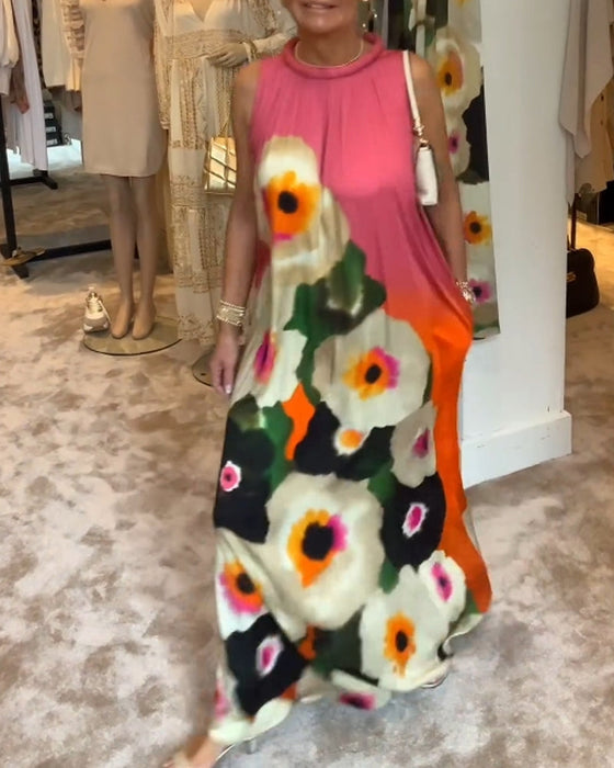 Sleeveless floral print casual long dress