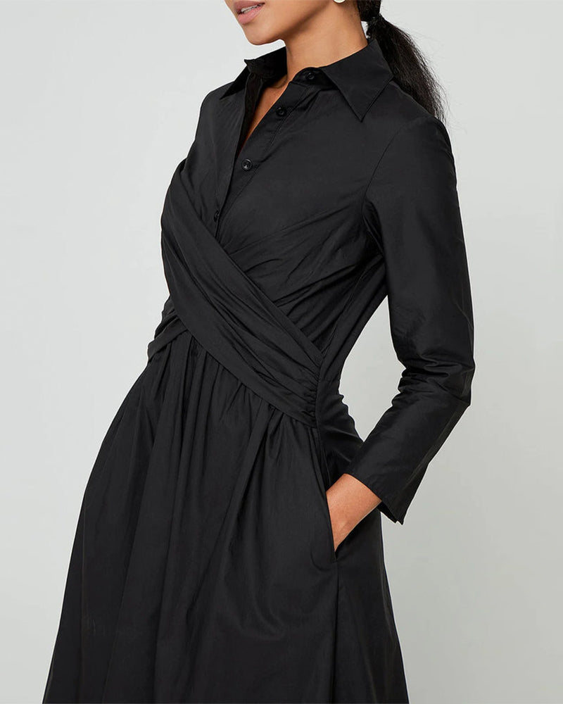 Lapel Cross Straped Dress with Pockets