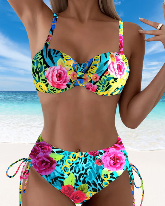 Floral Print Sexy Bra Triangle Lace-Up Bikini
