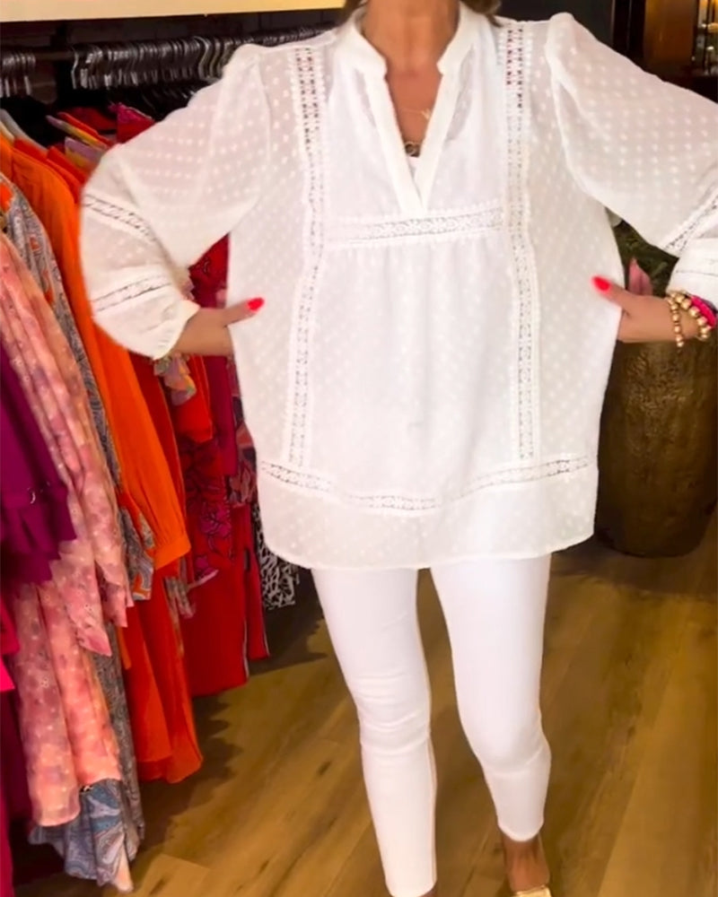 V-neck lace panel long-sleeved top