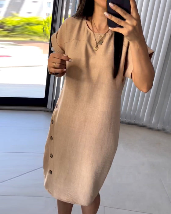 Round Neck Casual Dress with Buttons