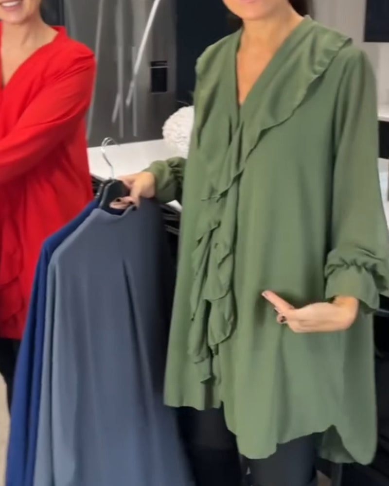 Lotus leaf v-neck solid color blouse