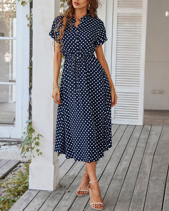 Polka Dot Drawstring Button Dress
