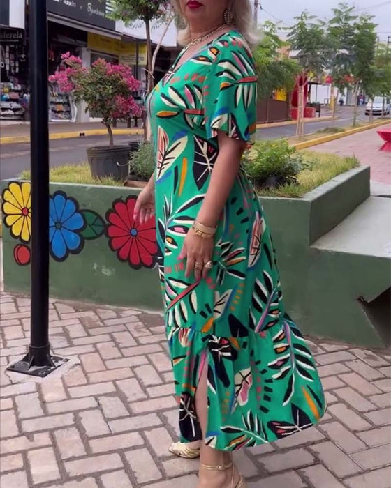 Leaf print V-neck patchwork long dress