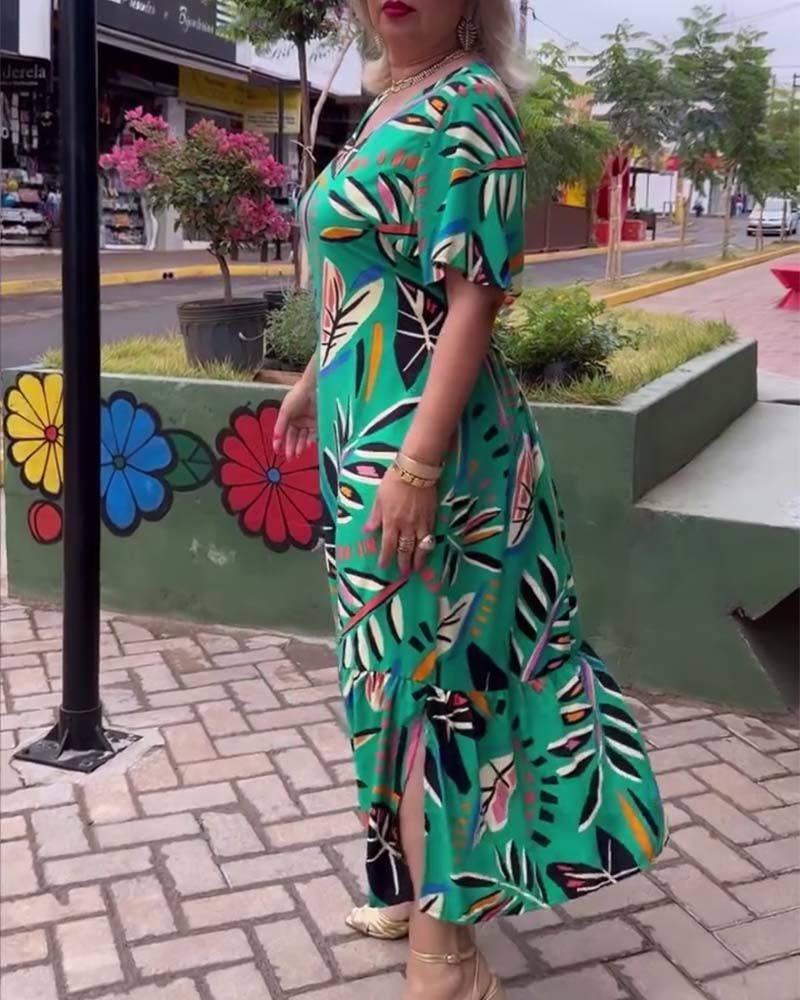 Leaf print V-neck patchwork long dress