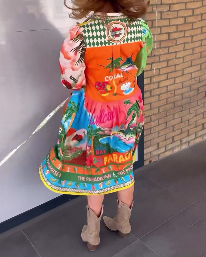 Colorful printed lapel long-sleeved dress