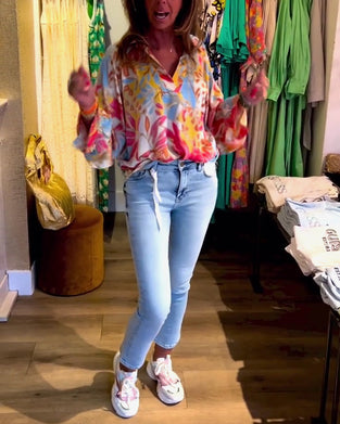 Lapel printed long sleeve top