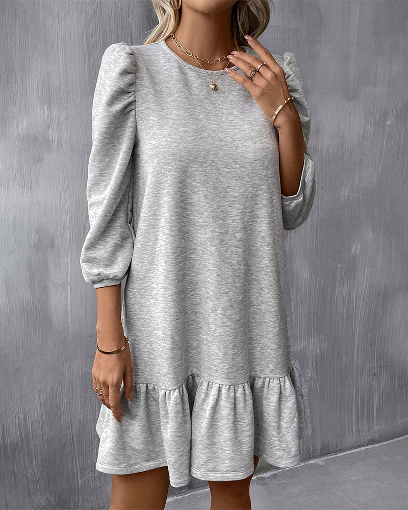 Solid Color Puff Sleeve Dress