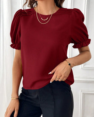 Solid Color Crew Neck Blouse